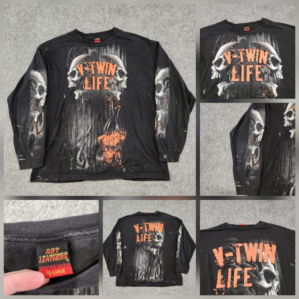 VTG Hot Leathers Mens 2XL Motorcycle Skull Flames‎ Double Sided Graphic T Shirt